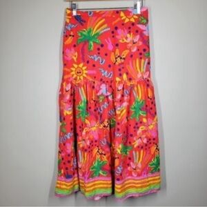 Maison d'Amelie Tropical Red Linen Blend Boho Peasant Tiered Maxi skirt XS
